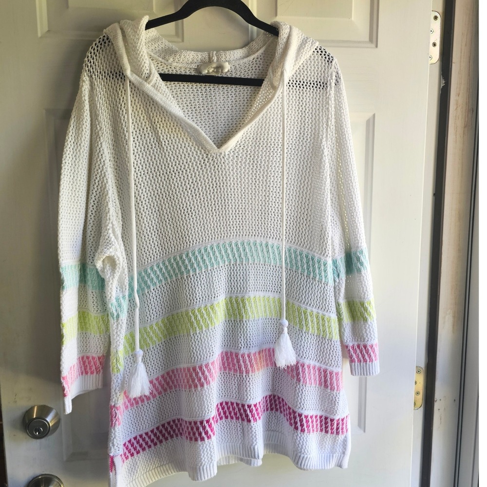 CJ Banks Womens 2X White Crochet Hoodie Pastel Rainbow Stripe Tassel Pullover